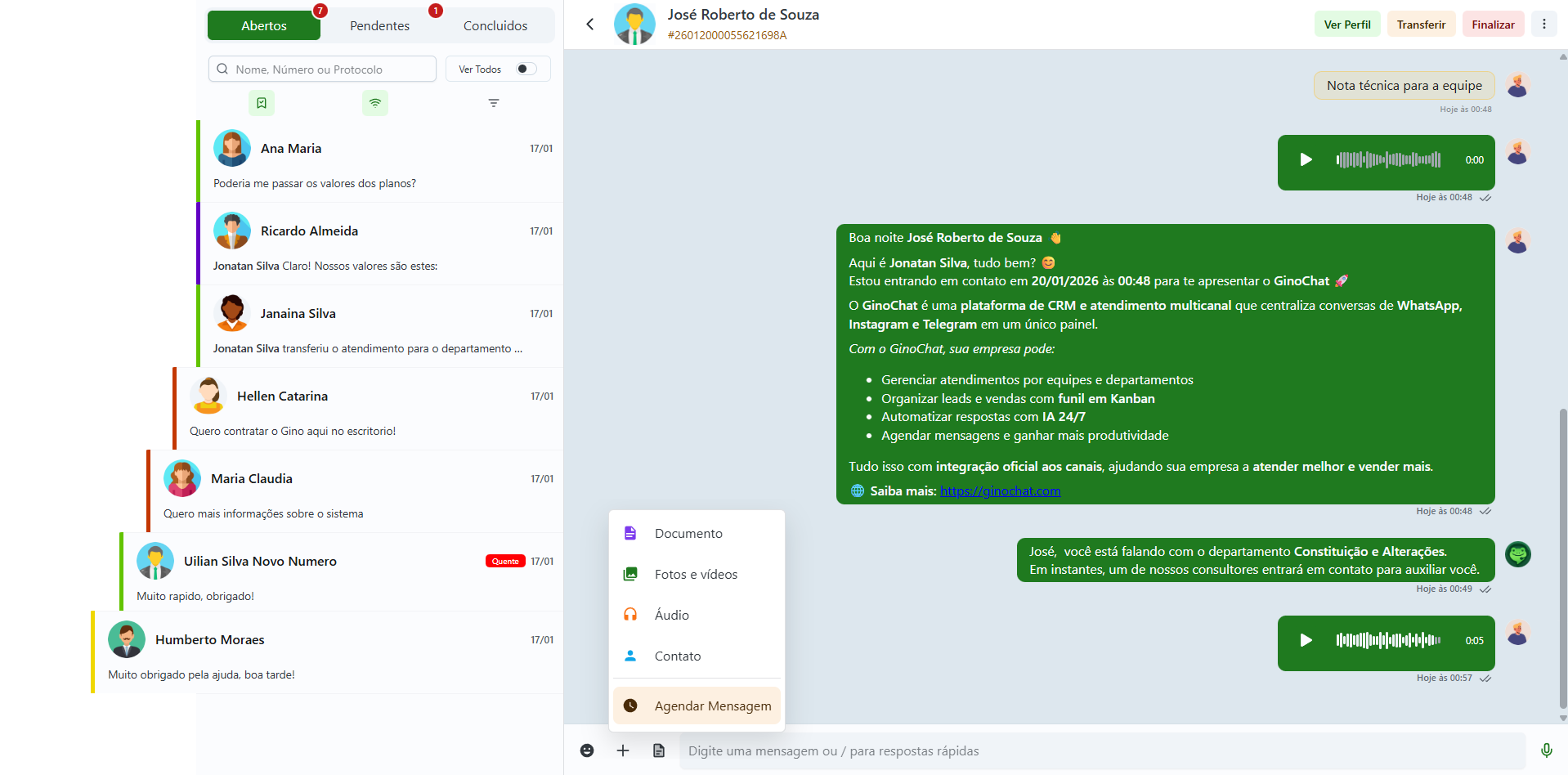 Dashboard do GinoChat mostrando conversas de WhatsApp, Instagram e métricas de atendimento