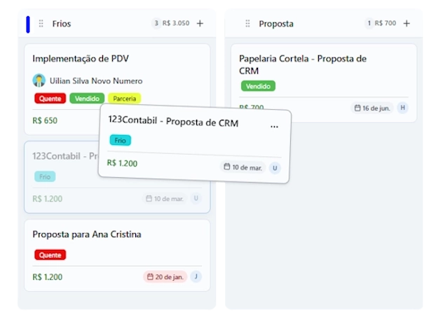 Kanban de vendas do GinoChat com funil visual de oportunidades